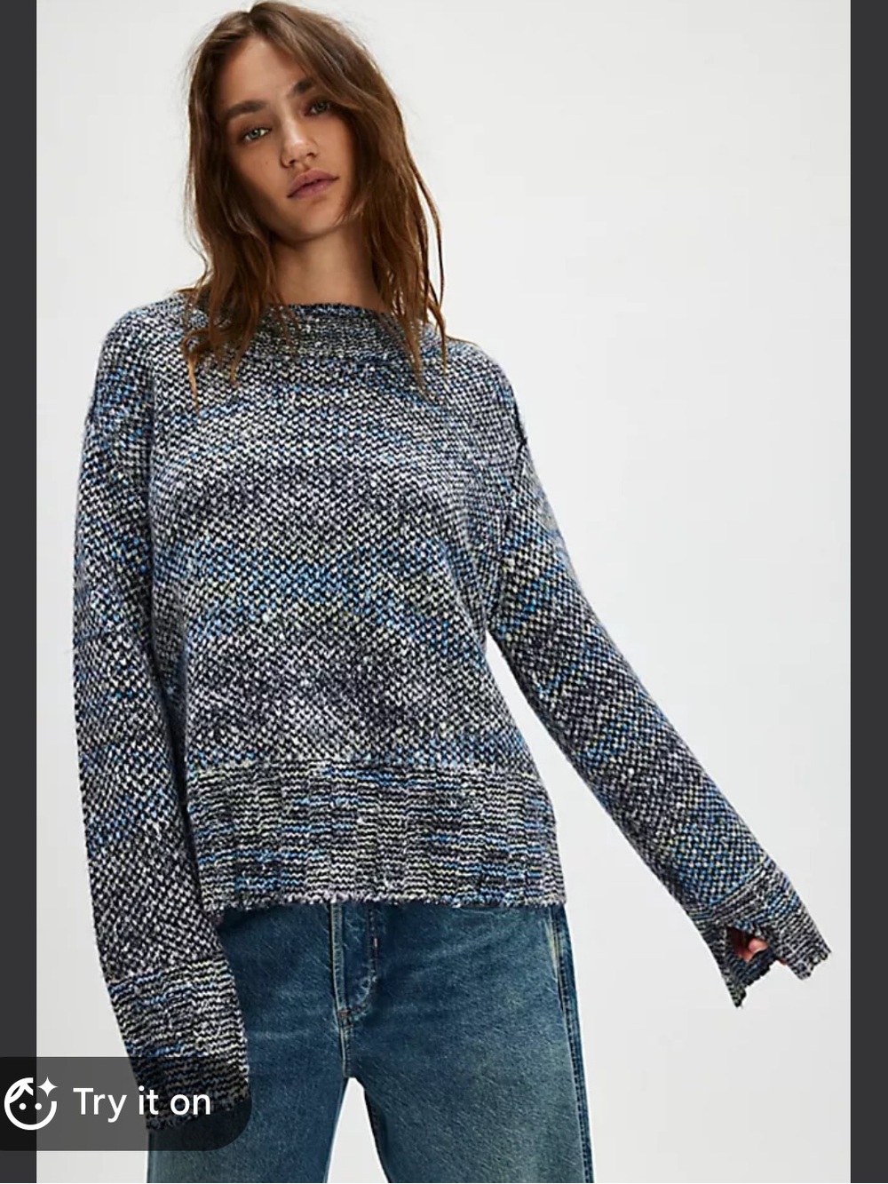 Free People Marled Crewneck Sweater in Blue and White